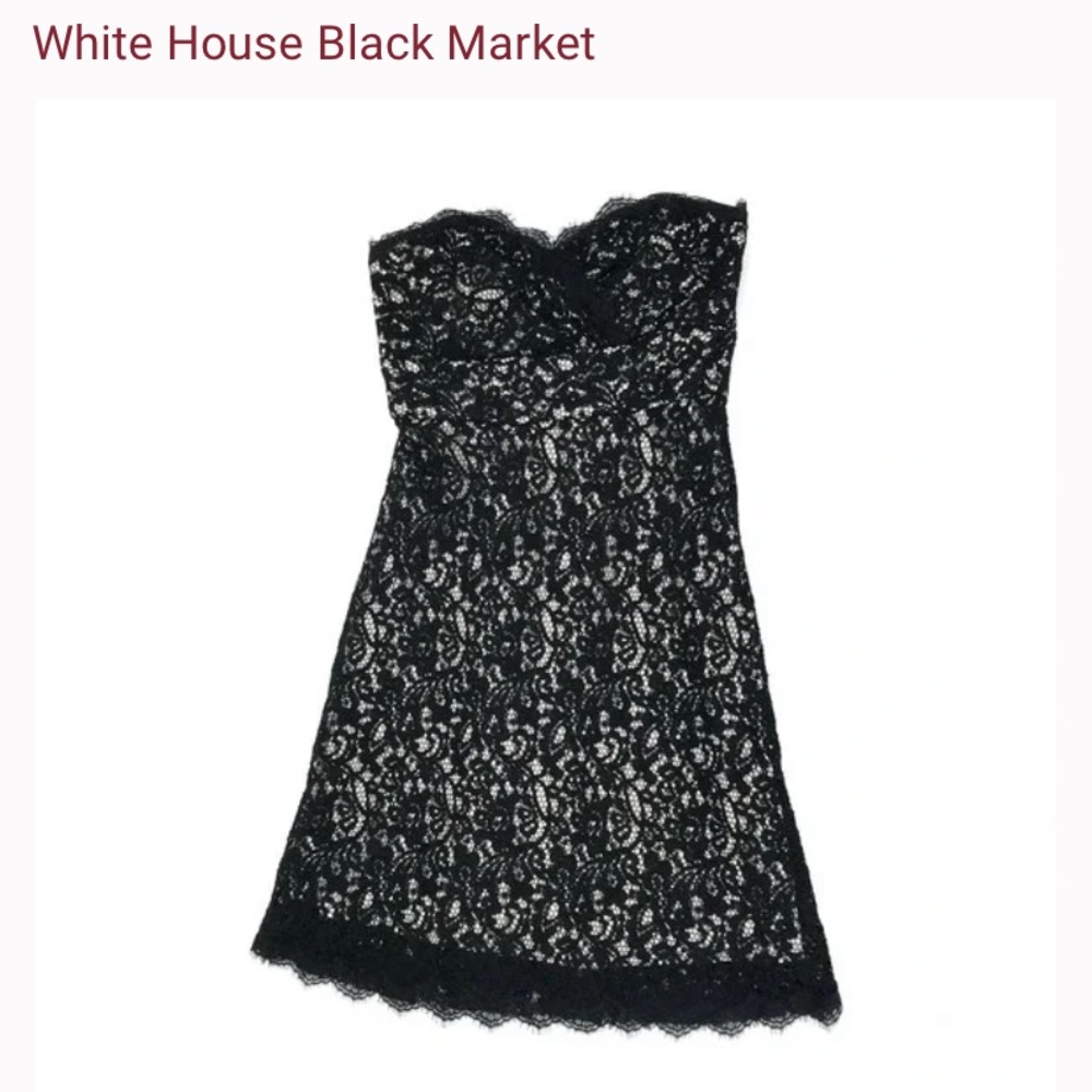 White House Black Market black and white sweetheart neckline lace dress.